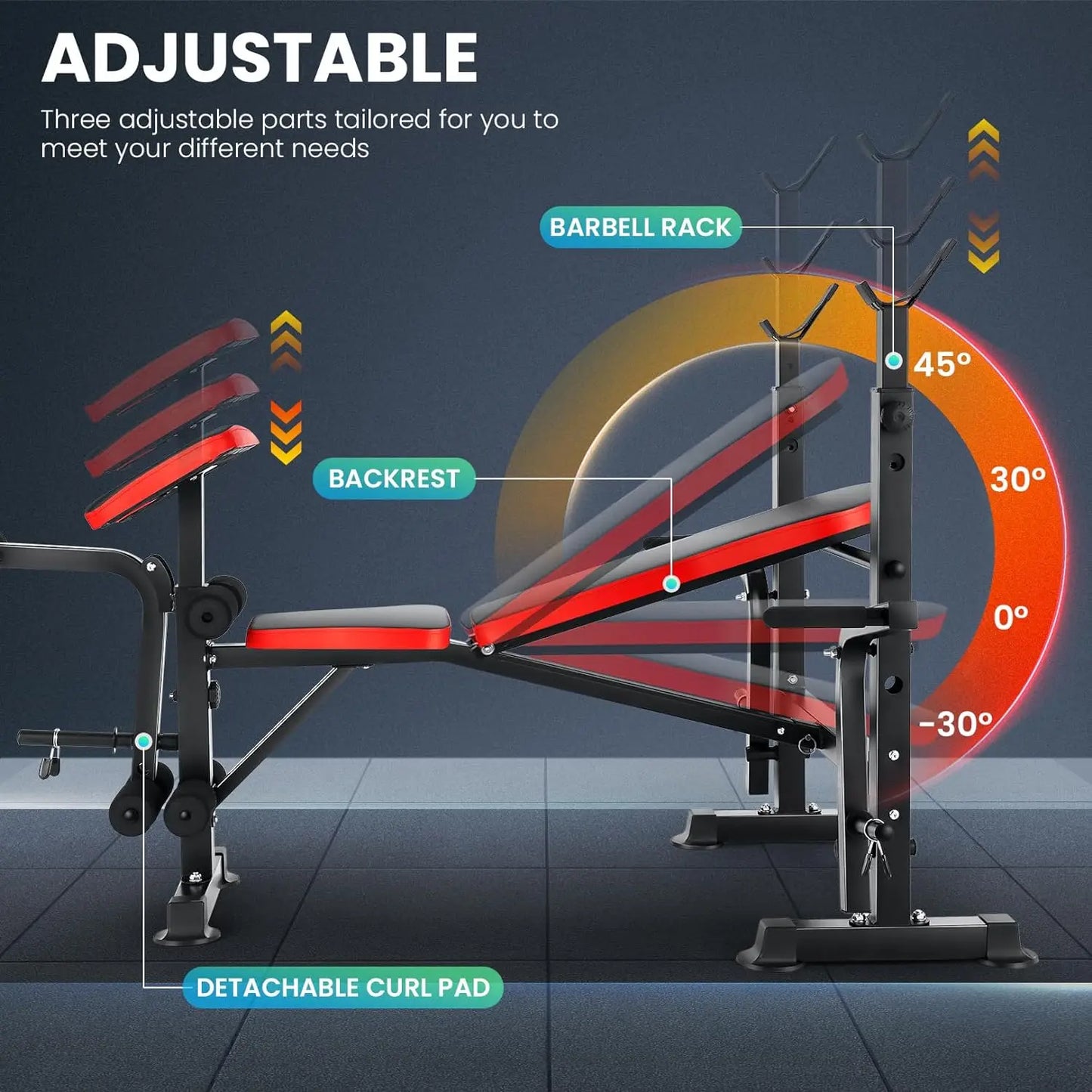 Six In One Weight Bench System With Squat Rack Barbell