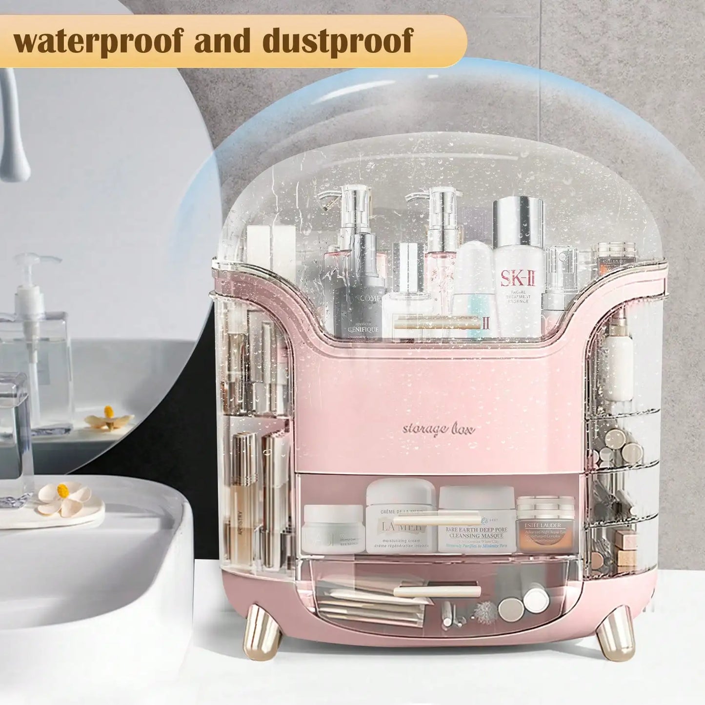 Cosmetic Storage Box With Drawer Dustproof Lid Makeup Skincare Organizer