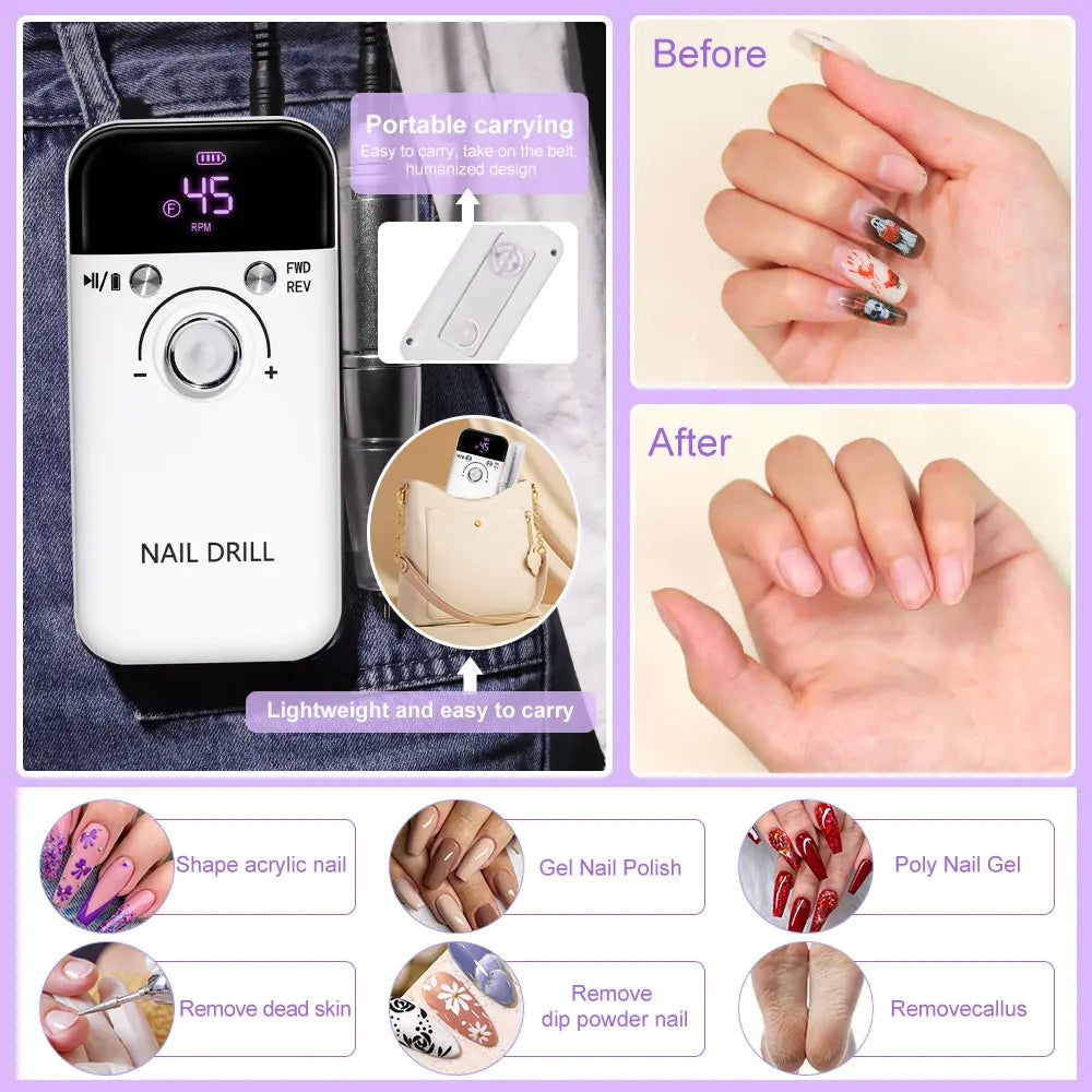 Limegirl 45000RPM Electric Nail Drill Polisher Portable Rechargeable Kit