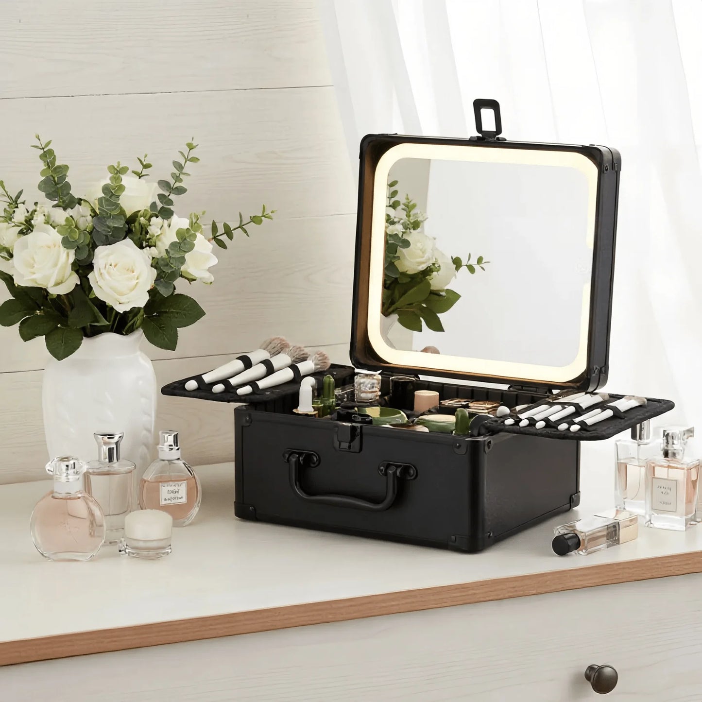 3 In 1 Travel Makeup Case With Detachable Magnetic LED Mirror And Brush Storage