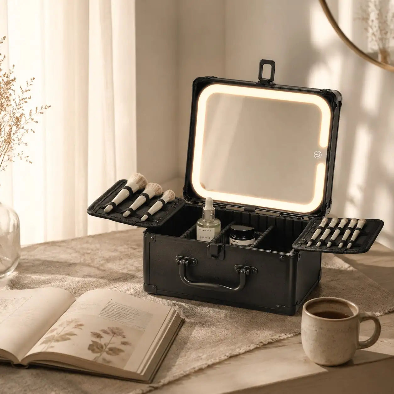 3 In 1 Travel Makeup Case With Detachable Magnetic LED Mirror And Brush Storage