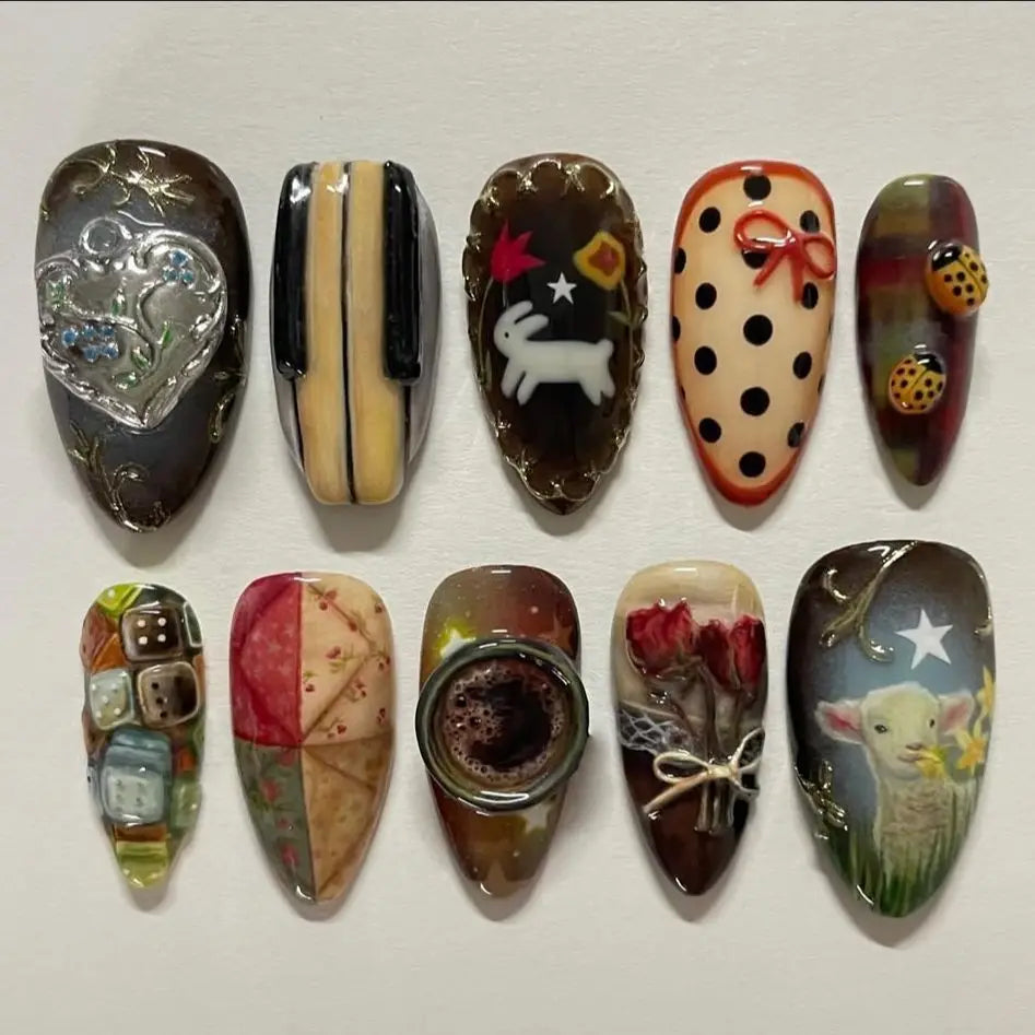 YADORNOS Vintage Little Lamb Rabbit Rose Printed Press On Nails