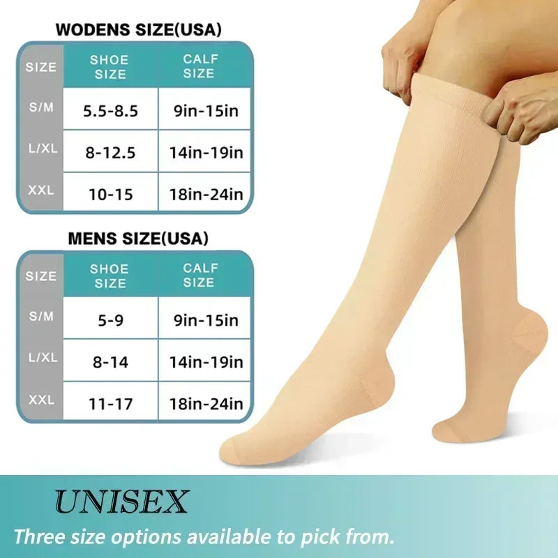 Unisex Compression Socks 15-20 mmHg Knee High For Cycling Running