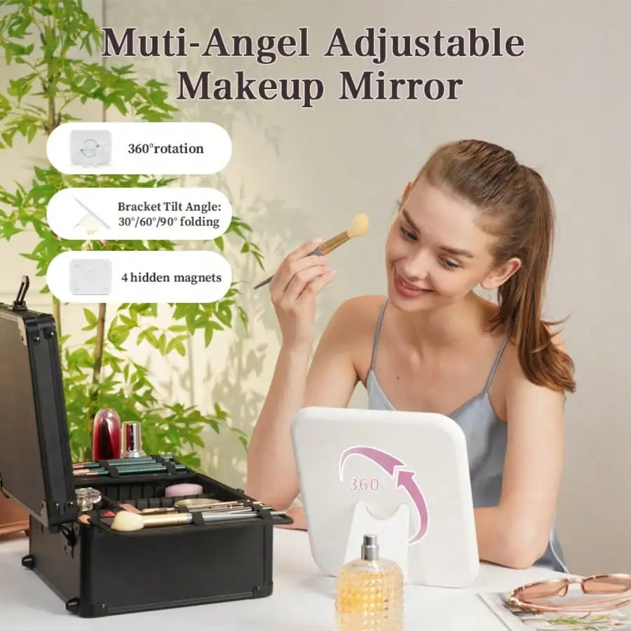 3 In 1 Travel Makeup Case With Detachable Magnetic LED Mirror And Brush Storage