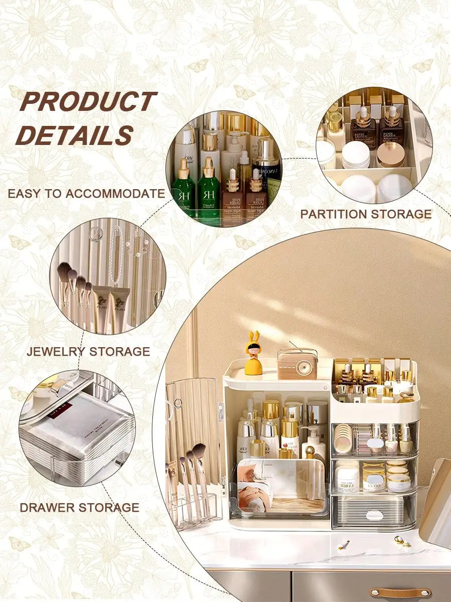 Makeup Organizer With Mirror And Drawers For Skincare And Vanity