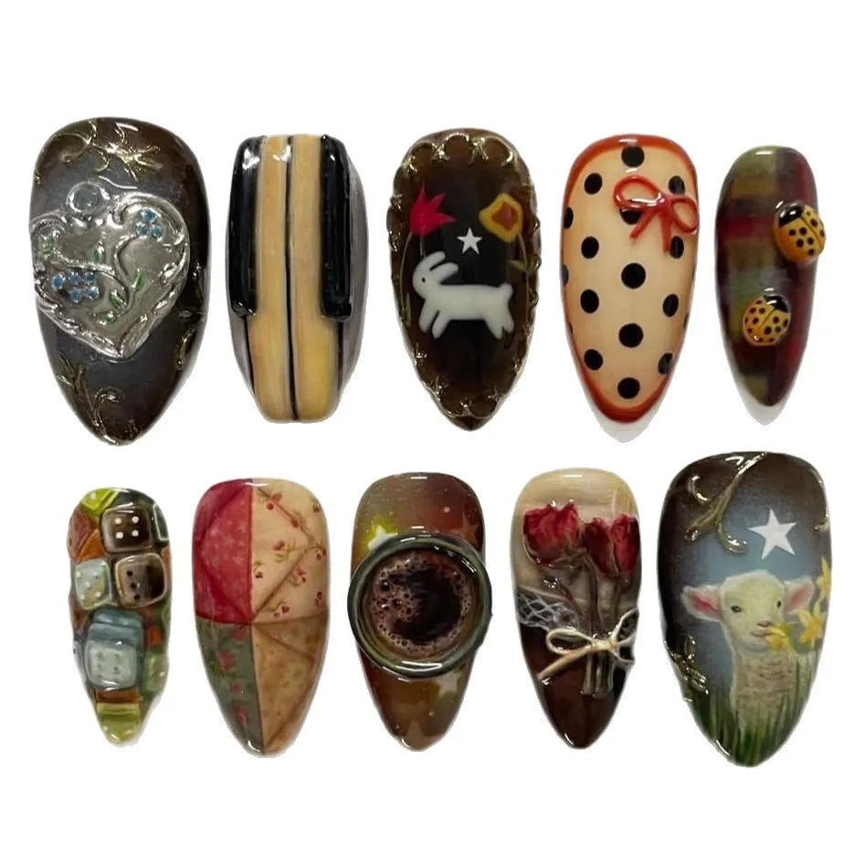 YADORNOS Vintage Little Lamb Rabbit Rose Printed Press On Nails