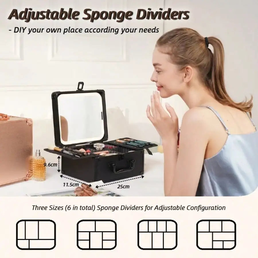 3 In 1 Travel Makeup Case With Detachable Magnetic LED Mirror And Brush Storage