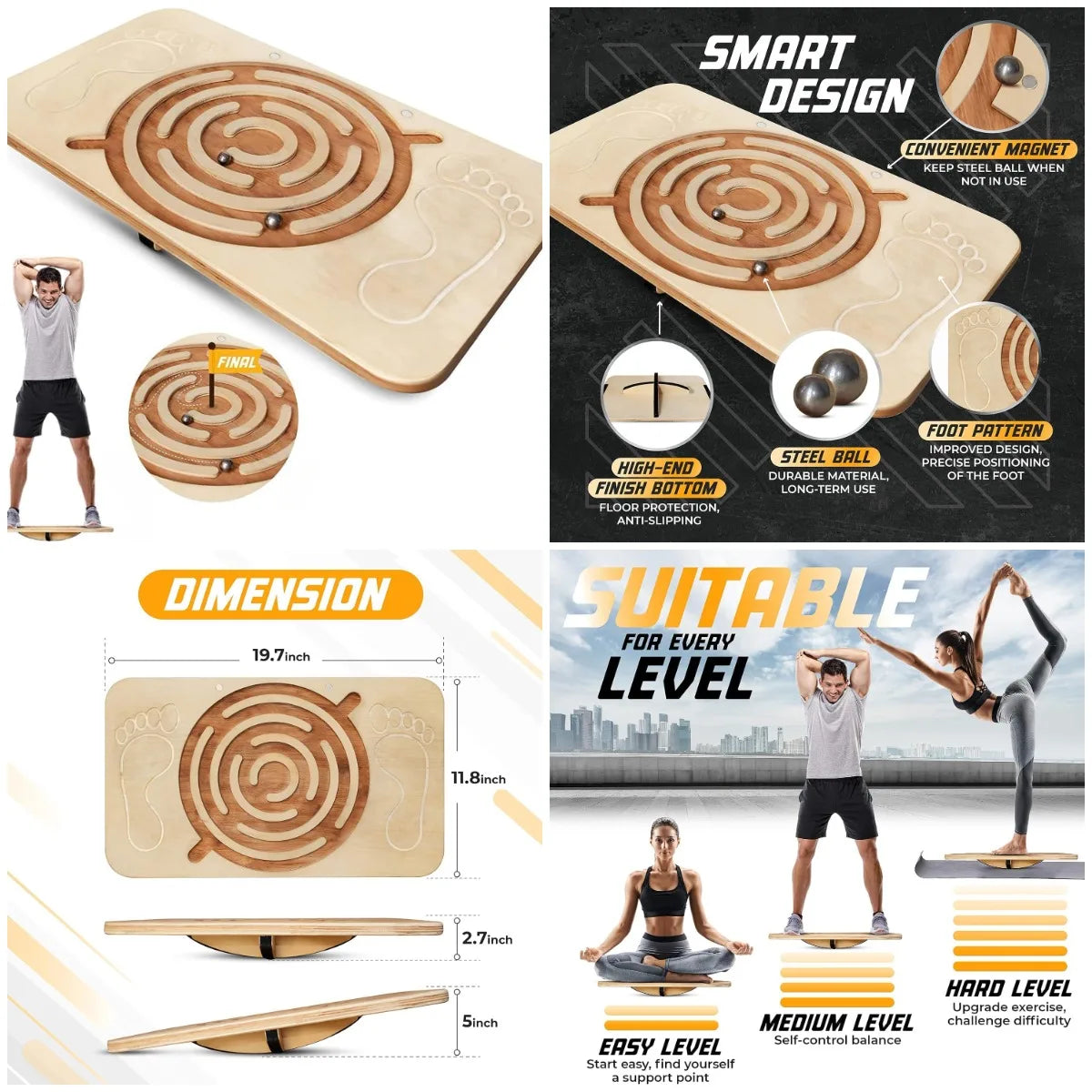 YTYIN Wooden Balance Board For Leg Workout Anti Slip Desk