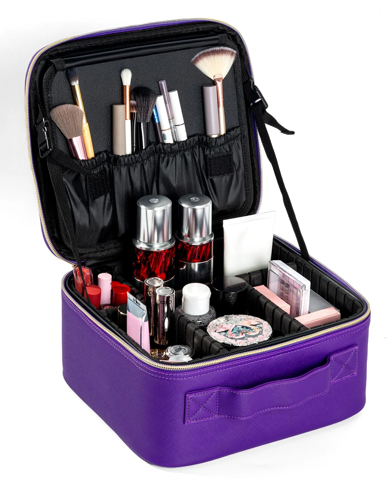 Makeup Bag With Mirror Embroidery Brush Tool Storage Travel Cosmetic Case