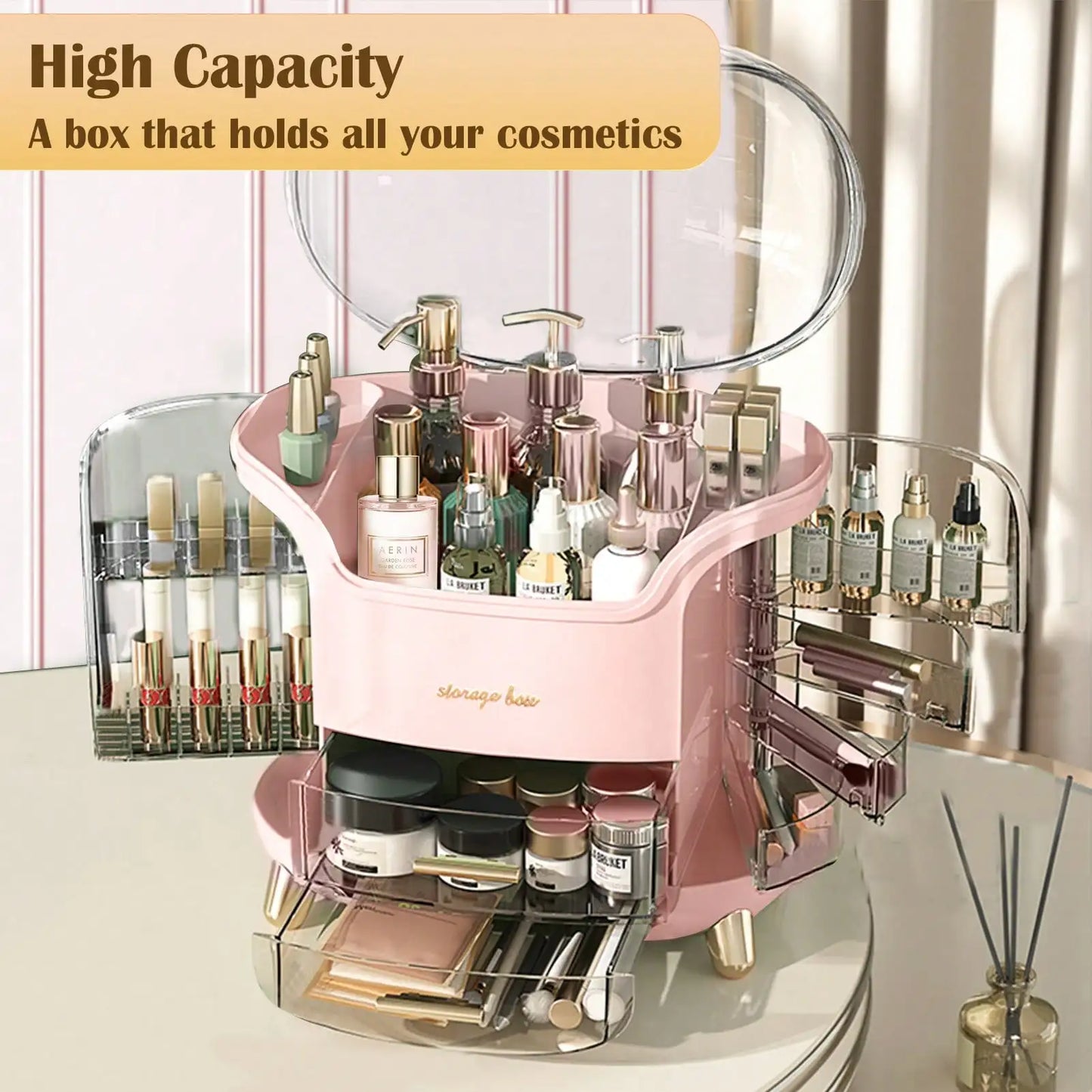 Cosmetic Storage Box With Drawer Dustproof Lid Makeup Skincare Organizer