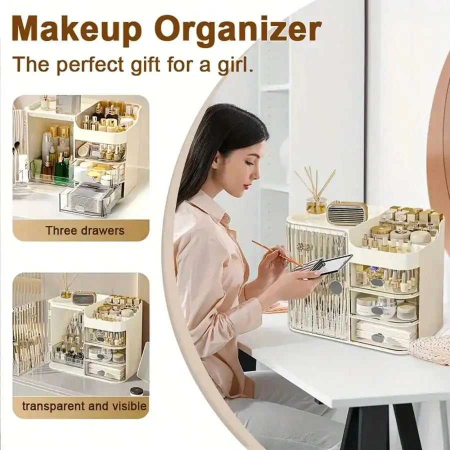 Makeup Organizer With Mirror And Drawers For Skincare And Vanity