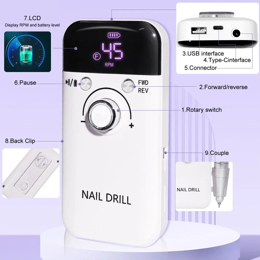 Limegirl 45000RPM Electric Nail Drill Polisher Portable Rechargeable Kit