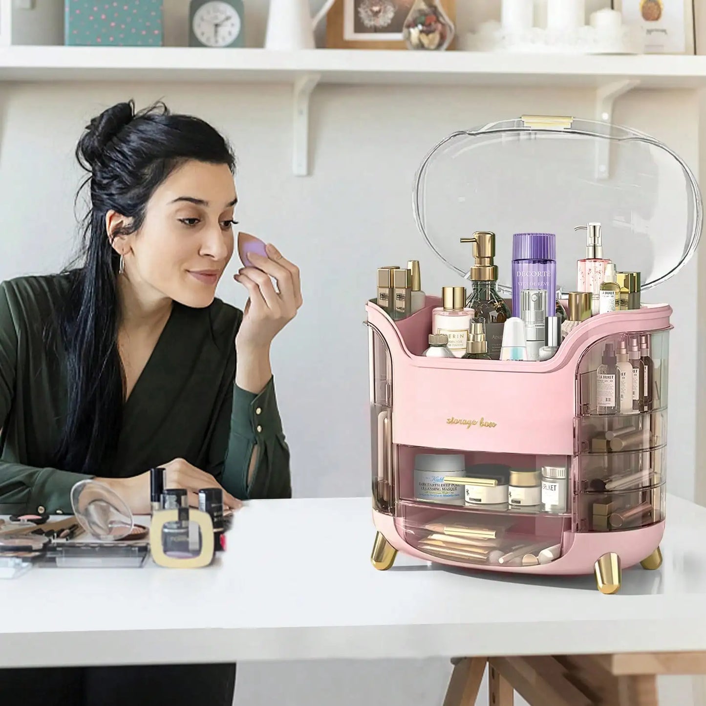 Cosmetic Storage Box With Drawer Dustproof Lid Makeup Skincare Organizer