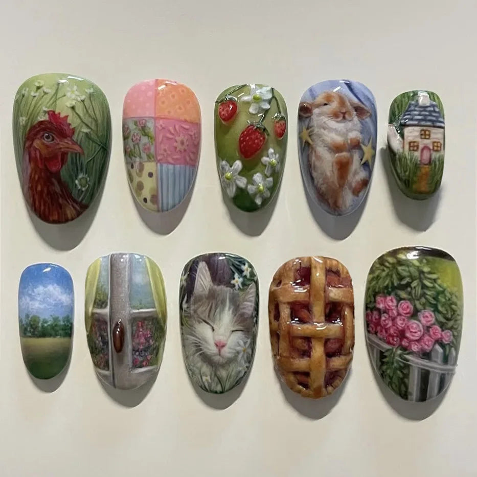 YADORNOS Vintage Little Lamb Rabbit Rose Printed Press On Nails