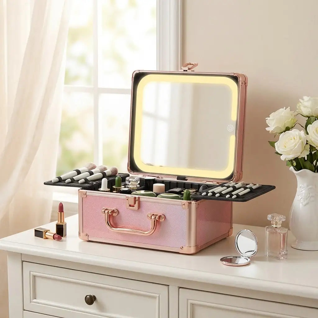 3 In 1 Travel Makeup Case With Detachable Magnetic LED Mirror And Brush Storage