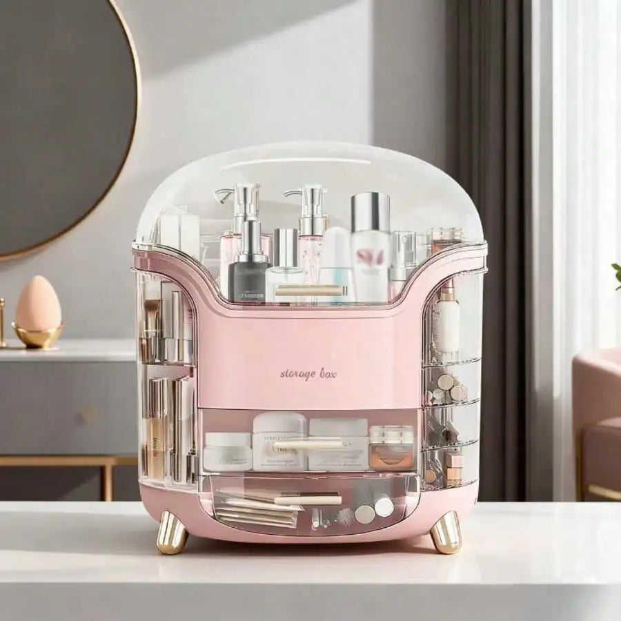 Cosmetic Storage Box With Drawer Dustproof Lid Makeup Skincare Organizer