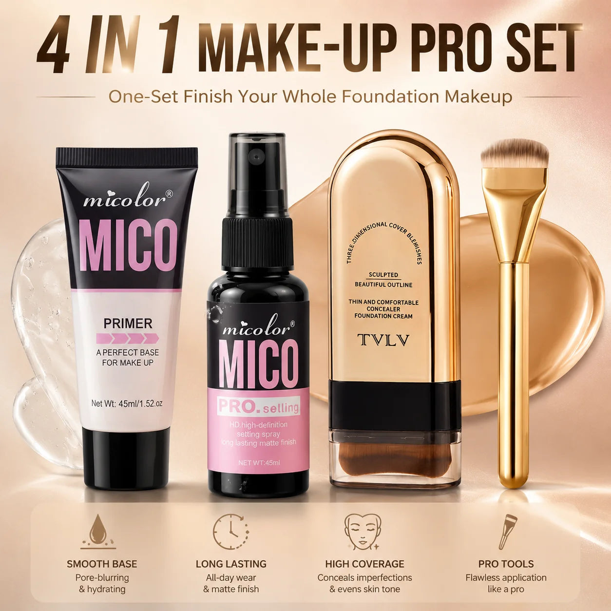 4 In 1 Makeup Bundle Hydrating Primer Gel Foundation Brush