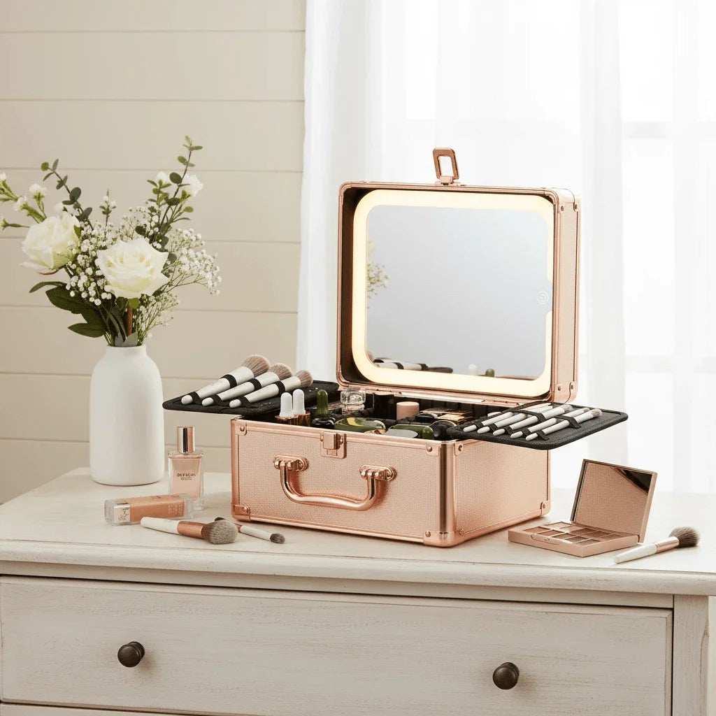3 In 1 Travel Makeup Case With Detachable Magnetic LED Mirror And Brush Storage