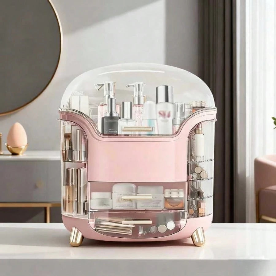 Cosmetic Storage Box With Drawer Dustproof Lid Makeup Skincare Organizer