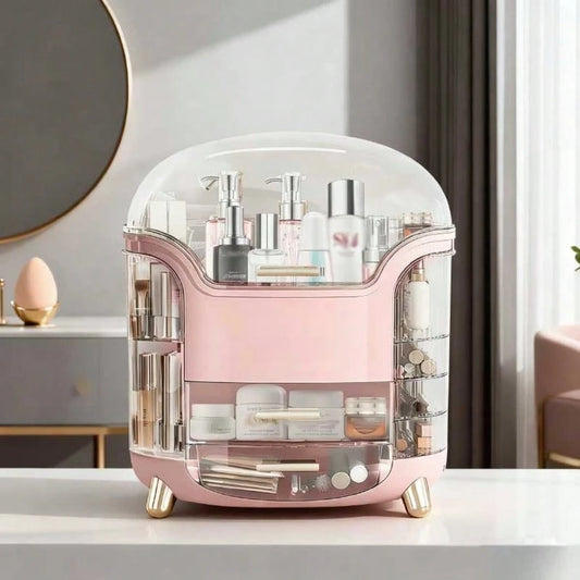 Cosmetic Storage Box With Drawer Dustproof Lid Makeup Skincare Organizer