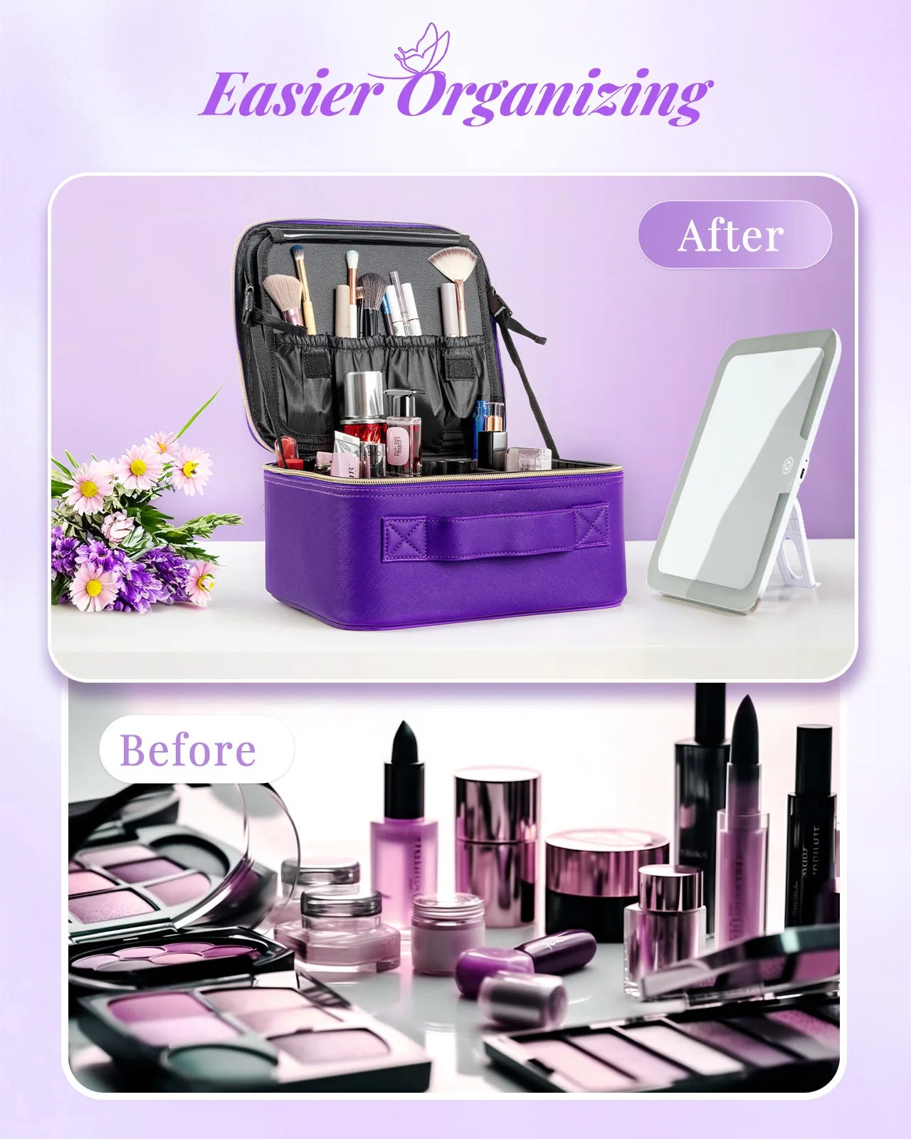 Makeup Bag With Mirror Embroidery Brush Tool Storage Travel Cosmetic Case