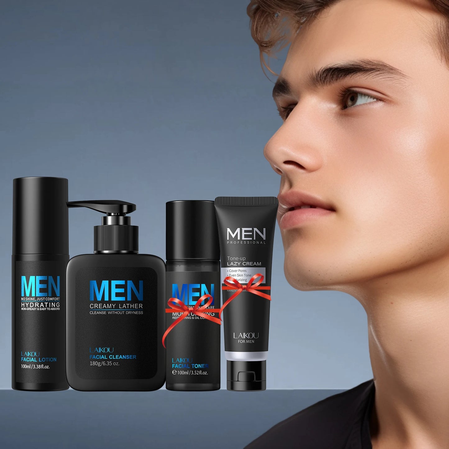 LAIKOU Men Skincare Set 4Piece Lazy Cream Cleanser Toner Lotion