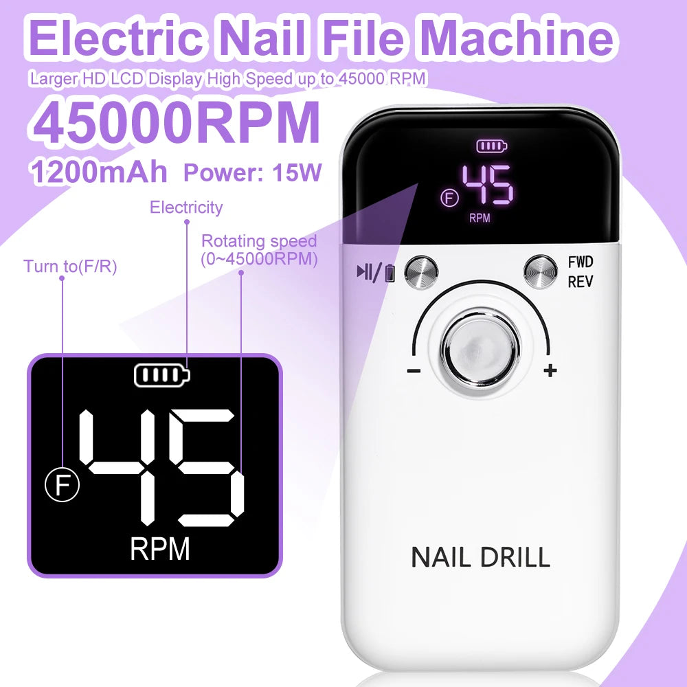 Limegirl 45000RPM Electric Nail Drill Polisher Portable Rechargeable Kit