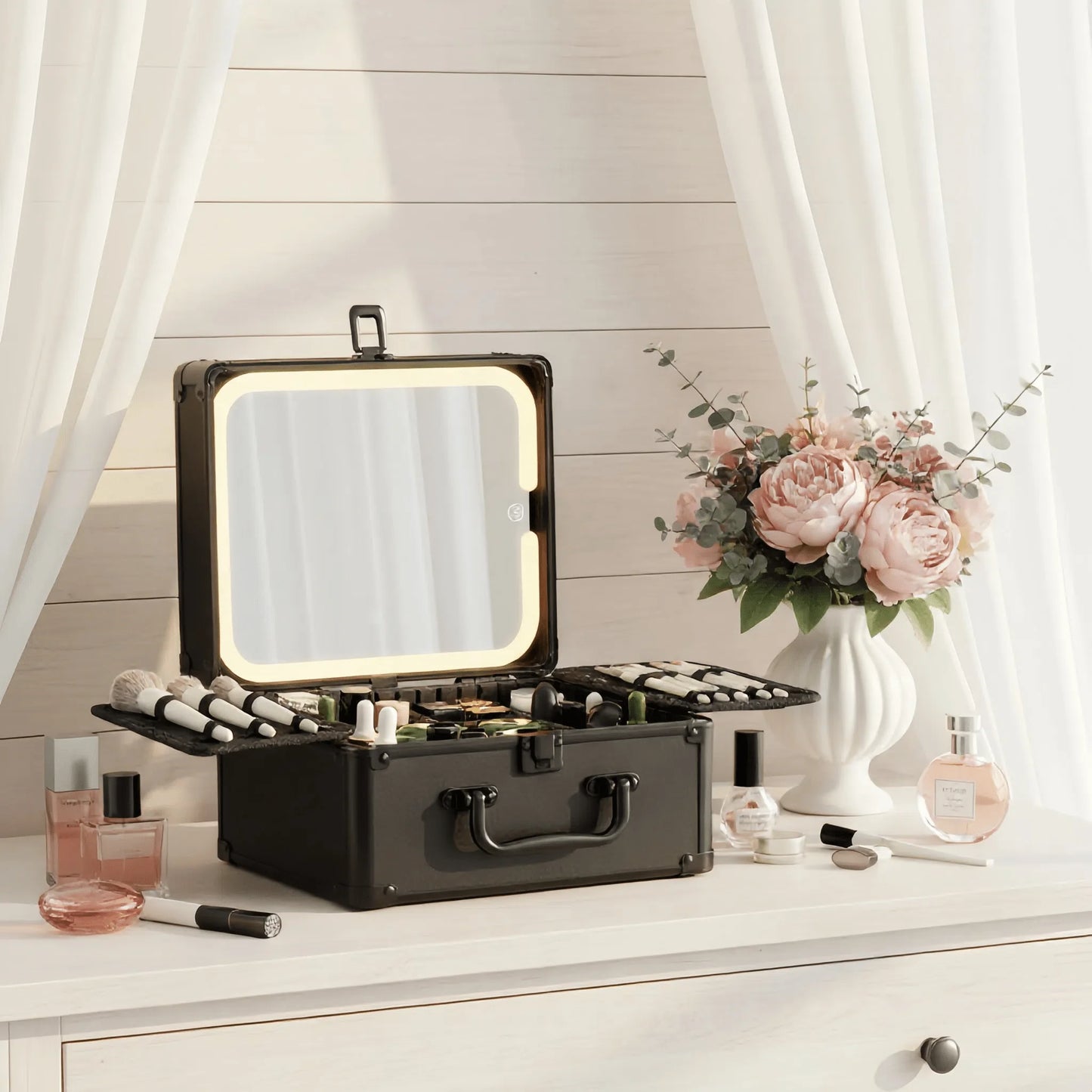 3 In 1 Travel Makeup Case With Detachable Magnetic LED Mirror And Brush Storage