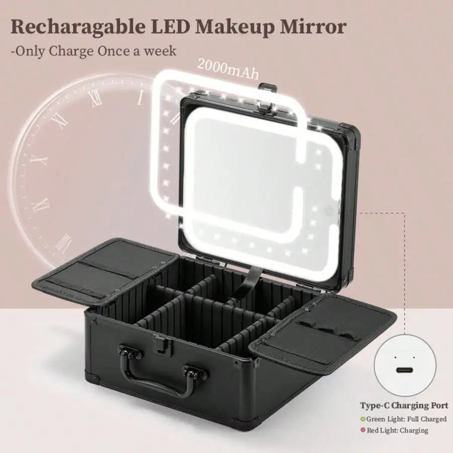 3 In 1 Travel Makeup Case With Detachable Magnetic LED Mirror And Brush Storage